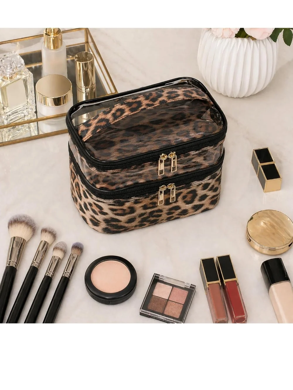 Leopard Print Clear Top Double Zip Cosmetic Train Case